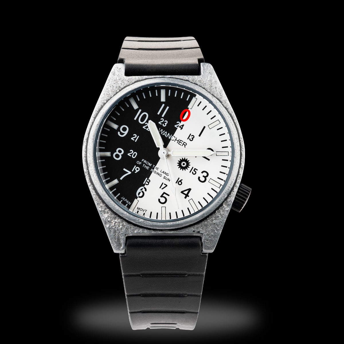Wancher Gurkha Ganmon — 30-degree tilted dial, stone-pattern aluminium case, Wagara caseback, Miyota 2035 quartz