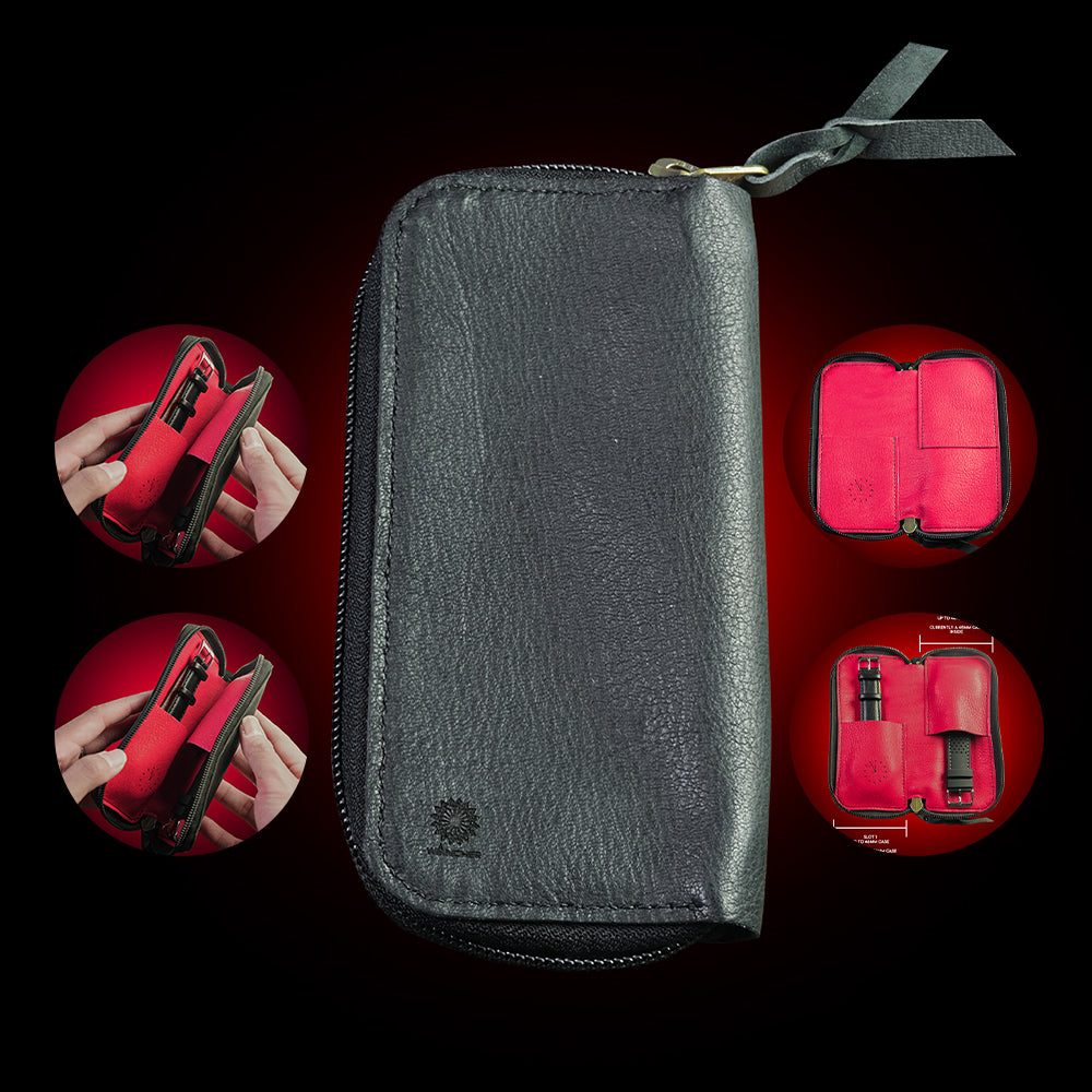 Black Deer  leather wallet with red interior on a black background By Wancher  Handcrafted deer leather watch pouch with embossed shibo texture