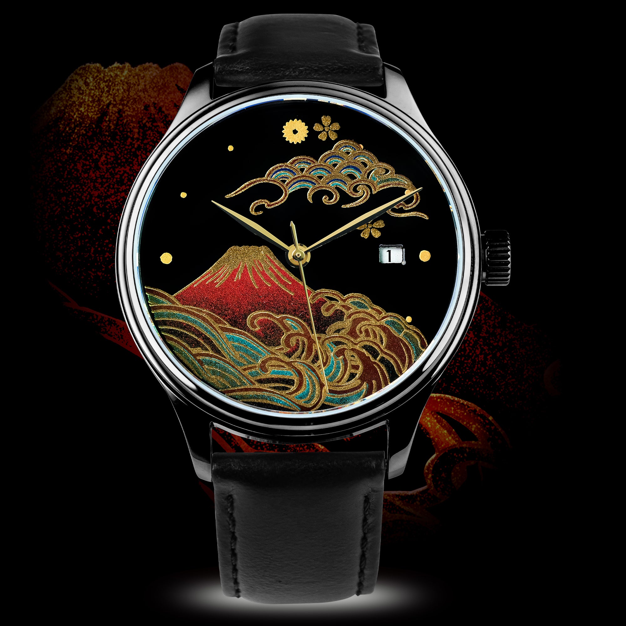 Luxury watch with black Urushi dial, Japanese wave and Mt. Fuji motif, black leather strap