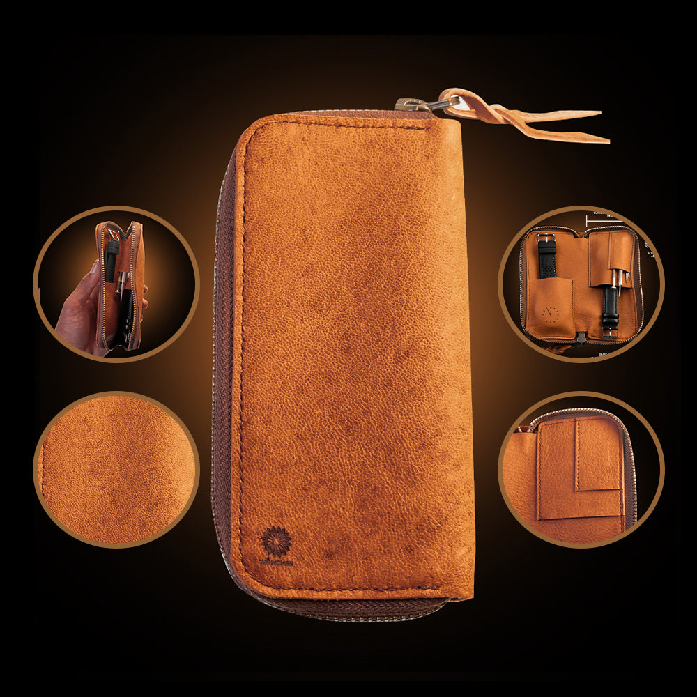Premium 2-slot deer leather pouch made with Banshu-style craftsmanship