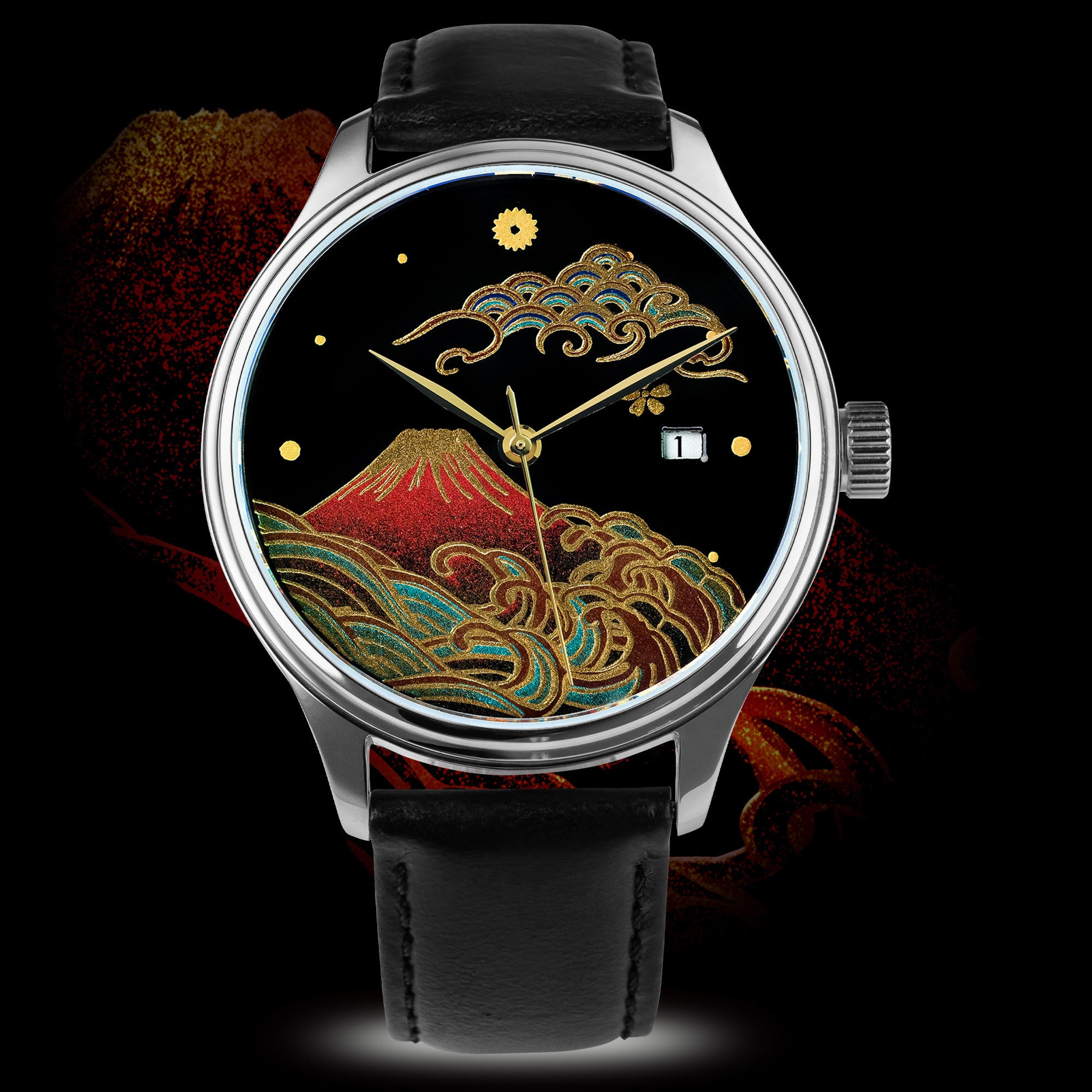 Wancher Dream Watch Fuji Maki-e front dial view, Mount Fuji in gold urushi lacquer
