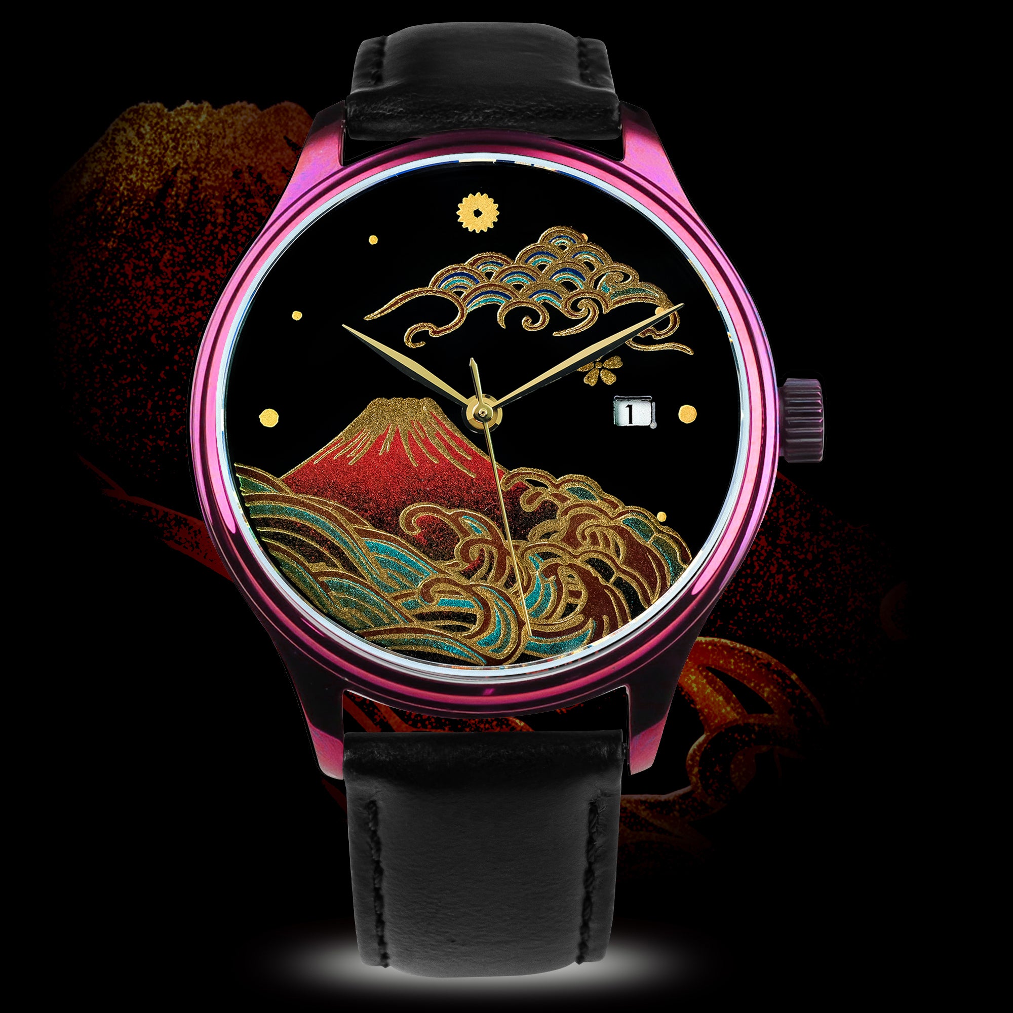 Buy urushi Maki-e watch Mount Fuji Japan luxury Japanese lacquer watch gold design with sapphire crystal and steel case