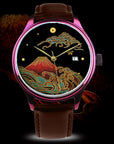 Luxury Japanese watch with red Urushi dial, wave and mountain design, black leather strap