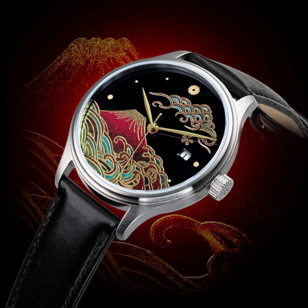 Dream Watch Wancher Watch Mount Fuji watch Japan-inspired design in traditional Japanese lacquer watch, gold finish, handcrafted urushi Maki-e dial