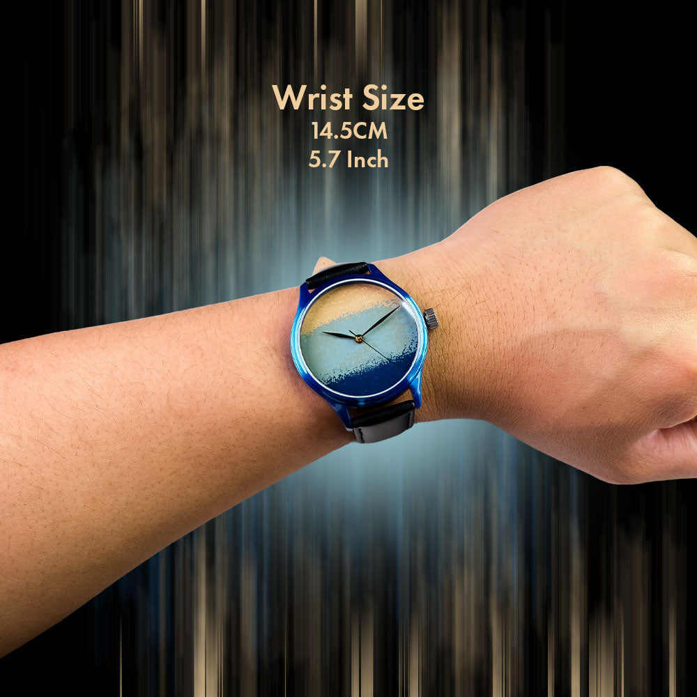 Wrist wearing a Luxury Urushi Watch with Ishime Tsuishitsu Nuri Kinma texture and Ai-colored dial Wancher Watch Dream Watch Chawan iro Ai 