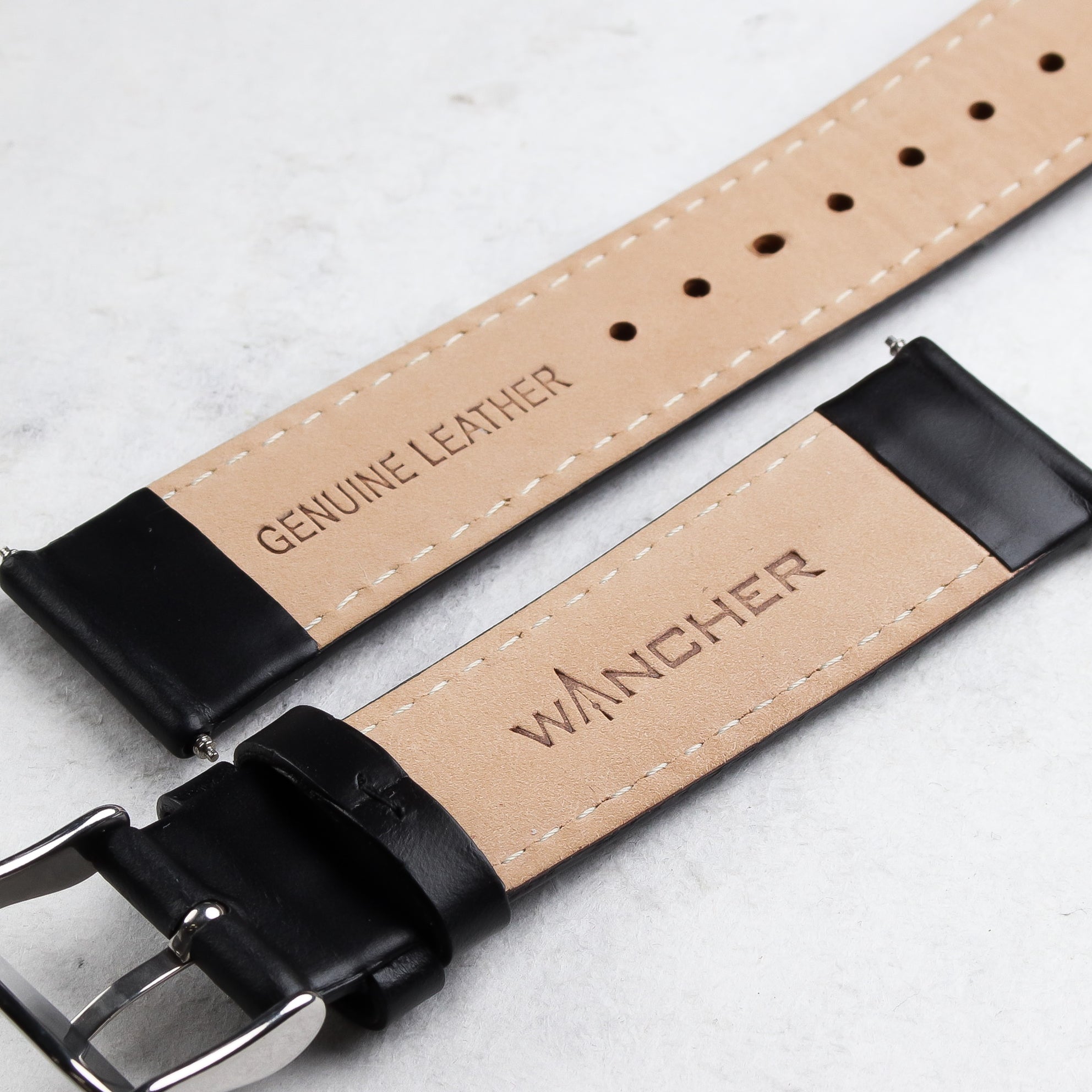 Calfskin Leather Strap - Wancher Watch Wancher Watch Wancher Watch Calfskin Leather Strap {{ Automatic Watch {{ Watch }} }} {{ Japan }}Wancher 20mm Calfskin Leather Strap with Silver Clasp and Quick-release pins Closure - premium quality leather strap for watches.