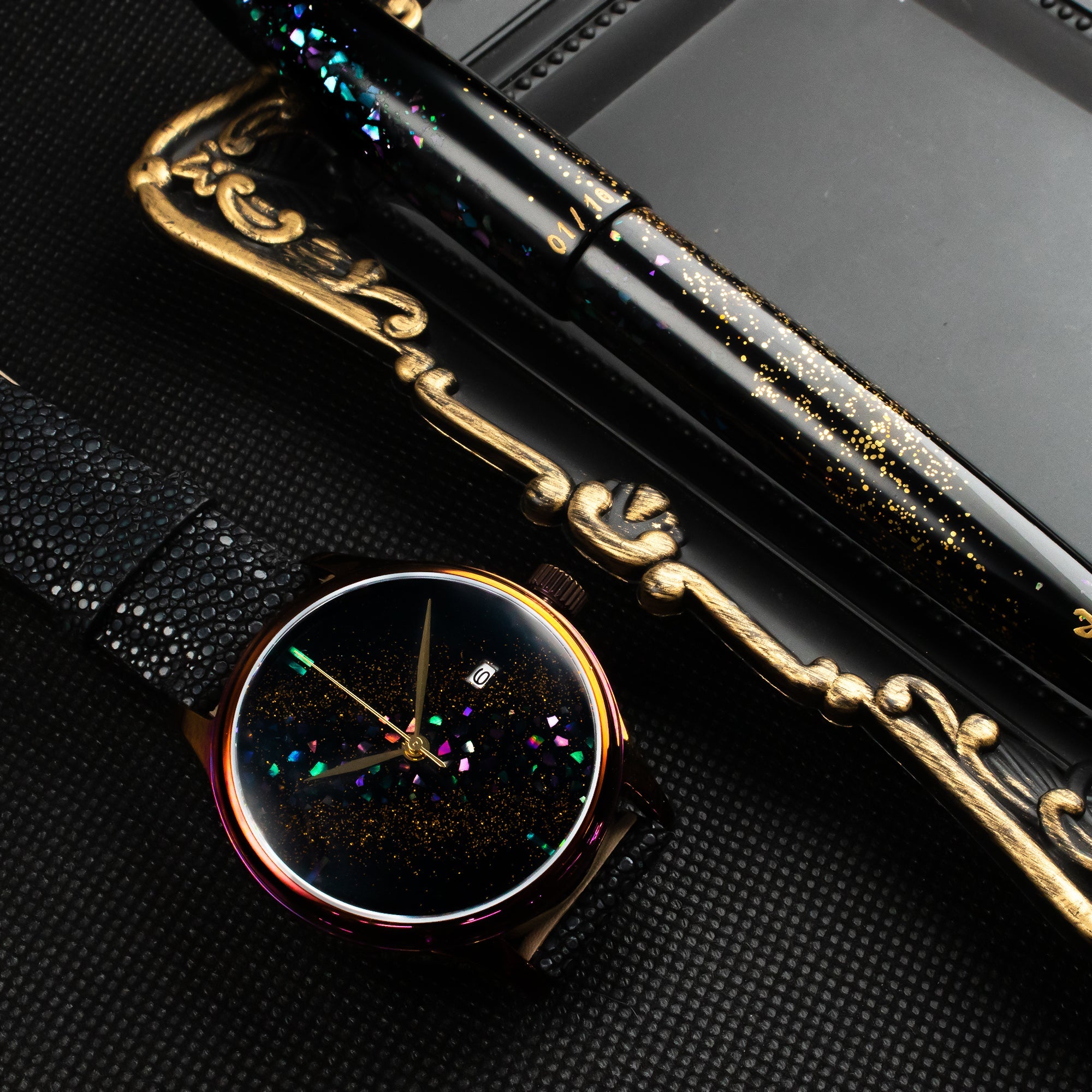 Dream Watch - Raden - Wancher Watch Wancher Watch Wancher Watch Dream Watch - Raden {{ Automatic Watch {{ Watch }} }} {{ Japan }} Wancher Dream Watch - Raden, featuring a beautifully crafted Raden Urushi dial with a shining, iridescent finish. The watch is powered by Miyota 9015 Mechanical Movement and features a Domed Sapphire Glass and Genuine Cowhide/Galuchat strap