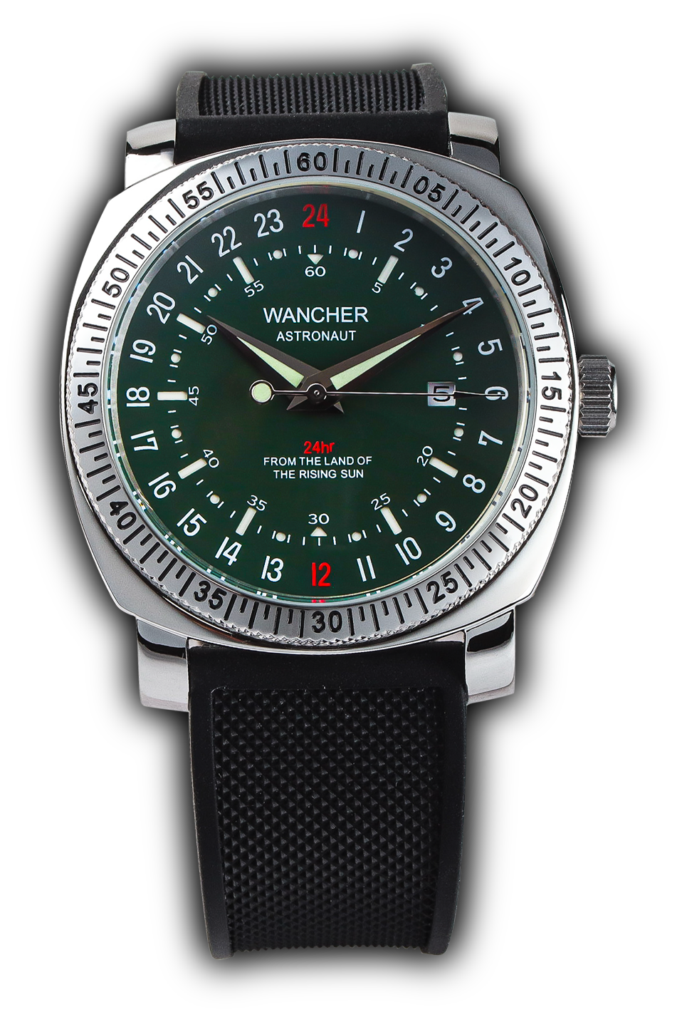 Astronaut - Wancher Watch Wancher Watch Green Wancher Watch Astronaut {{ Automatic Watch {{ Watch }} }} {{ Japan }}Wancher Watch Astronaut with 24-hour Ivory or Green dial, Seagull ST1612 Mechanical movement, and urethane belt - the perfect blend of style and function.