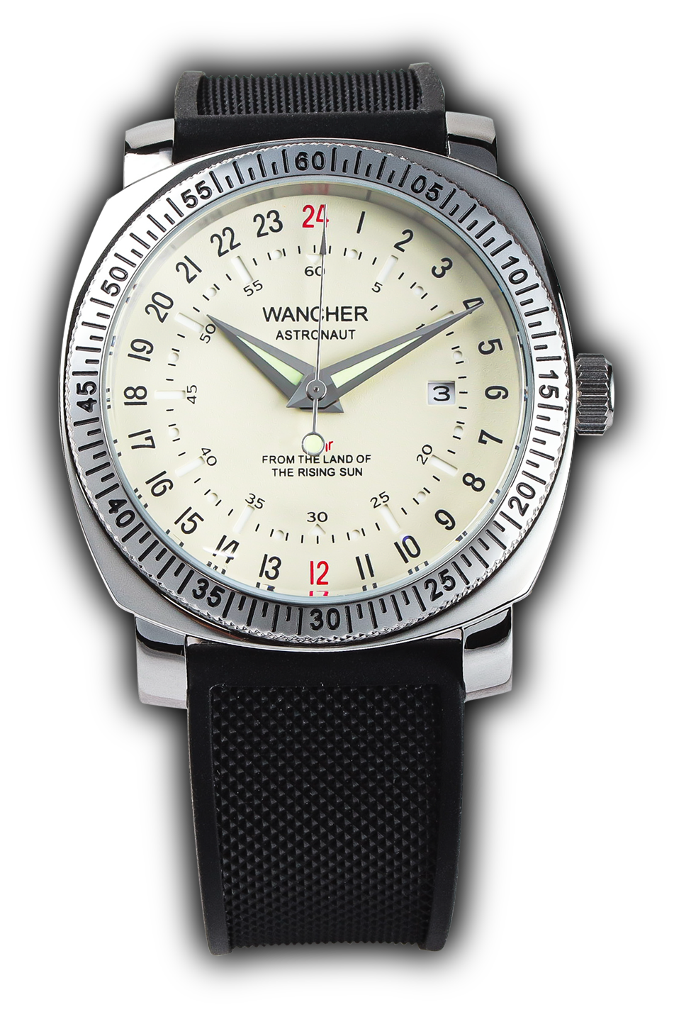 Astronaut - Wancher Watch Wancher Watch Ivory Wancher Watch Astronaut {{ Automatic Watch {{ Watch }} }} {{ Japan }} Wancher Watch Astronaut with 24-hour Ivory or Green dial, Seagull ST1612 Mechanical movement, and urethane belt - the perfect blend of style and function.
